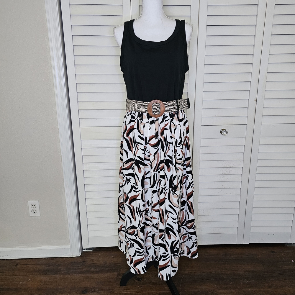 Fred David Maxi Dress Size L Sleeveless Belted Elastic Waist Black Print NWT